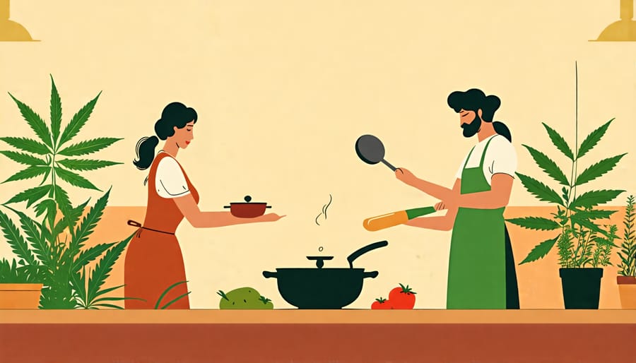 Illustration of cannabis in a historical German kitchen setting