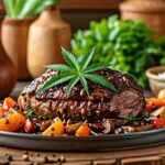 A traditional German kitchen scene showcasing a classic Sauerbraten dish being enhanced with a decorative cannabis leaf garnish, representing the fusion of historical culinary practices with modern innovations using THC flower.