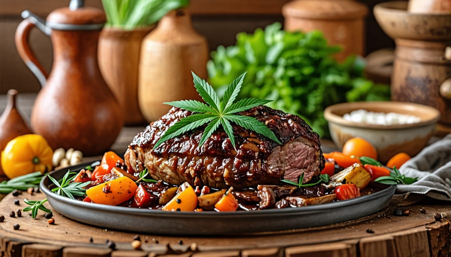 A traditional German kitchen scene showcasing a classic Sauerbraten dish being enhanced with a decorative cannabis leaf garnish, representing the fusion of historical culinary practices with modern innovations using THC flower.