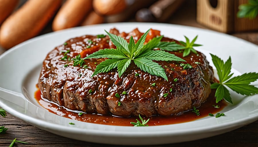 Sauerbraten dish with decorative cannabis leaf garnish