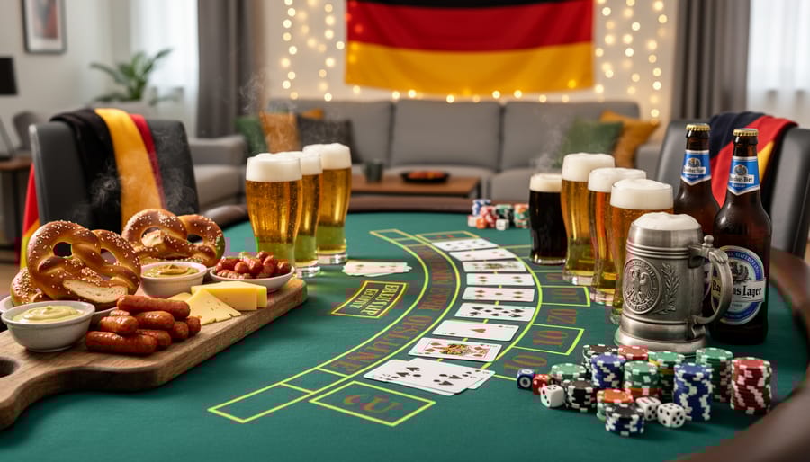 Complete German casino night spread with pretzels, sausages, chocolate, and beer on wooden table