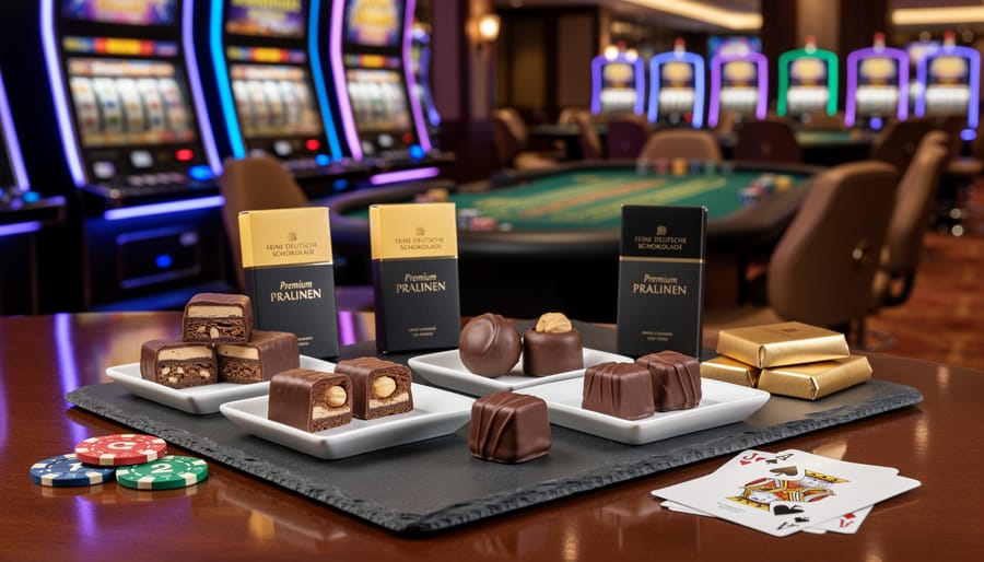 Assorted German chocolate pieces including Ritter Sport and Milka on white plate