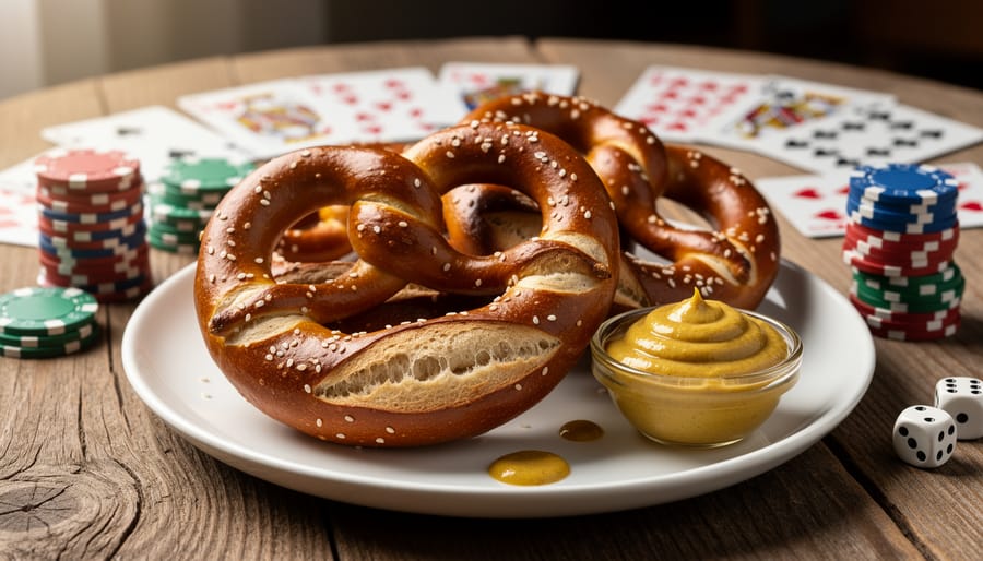 Overhead view of German pretzel with mustard and beer on wooden board with casino chips in background