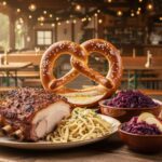 German-style dining table with Schweinshaxe, Spätzle, red cabbage, pretzels, and two steins of Weißbier in a cozy biergarten atmosphere