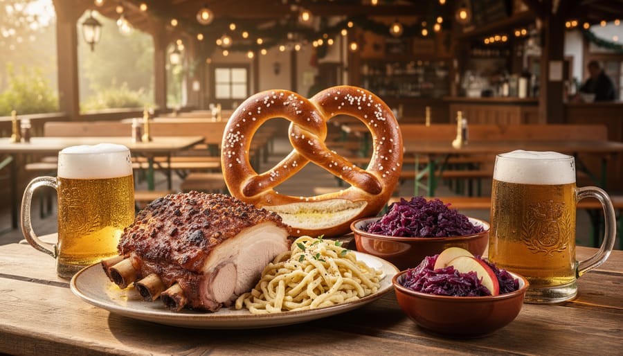 German-style dining table with Schweinshaxe, Spätzle, red cabbage, pretzels, and two steins of Weißbier in a cozy biergarten atmosphere