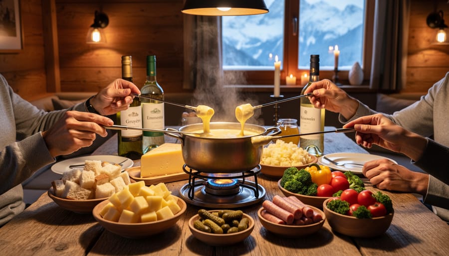 Cheese fondue pot bubbling on a cozy dinner table with bread cubes