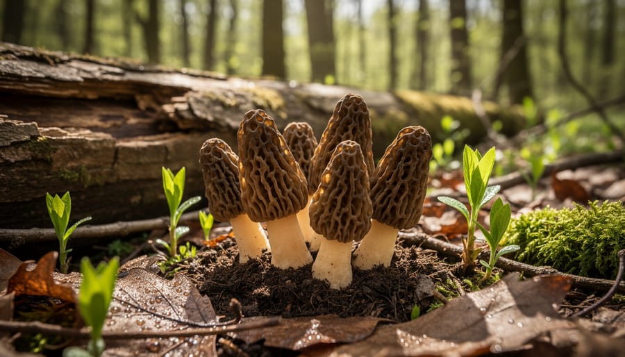 Close-up of morel mushrooms growing in dark forest soil near decaying elm bark.