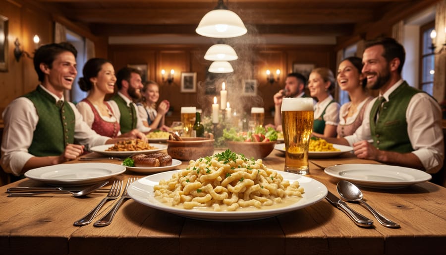 Cozy German restaurant dining room with a table set and a bowl of spätzle in warm lighting