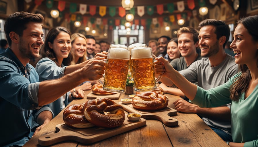 Frosty German beer mugs and a pretzel platter in a busy beer hall interior