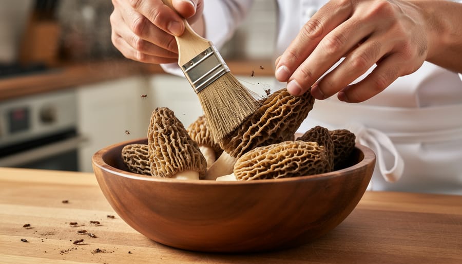 Hands brushing fresh morel mushrooms with a soft brush on a wooden tray.