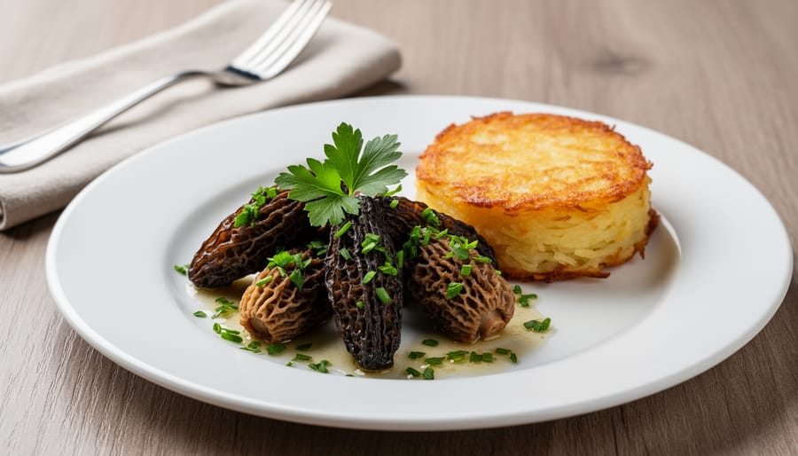 Sautéed morel mushrooms in butter sauce with chopped parsley served with spätzle.