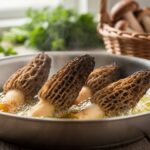 Morel mushrooms cooking in butter in a stainless skillet, shown in a close-up with shallow depth of field and a rustic spring kitchen background.