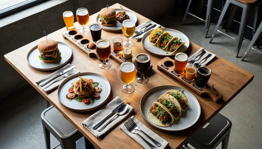 Seasonal German-inspired dish and craft beer flight on a modern restaurant table