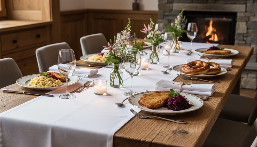 Upscale plated German entrée with wine glasses on an elegant table