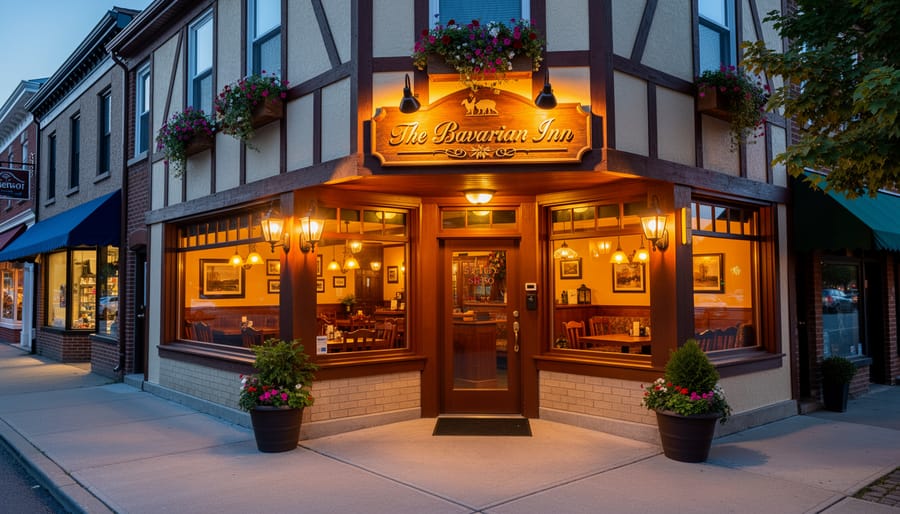 Warmly lit German-style restaurant entrance with decorative flowers