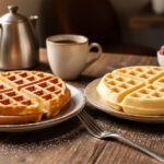 Two freshly plated German waffles—classic buttermilk with crisp golden edges and semolina Grieß waffles with a softer texture—on a wooden café table under warm light.
