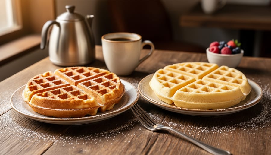 Two freshly plated German waffles—classic buttermilk with crisp golden edges and semolina Grieß waffles with a softer texture—on a wooden café table under warm light.