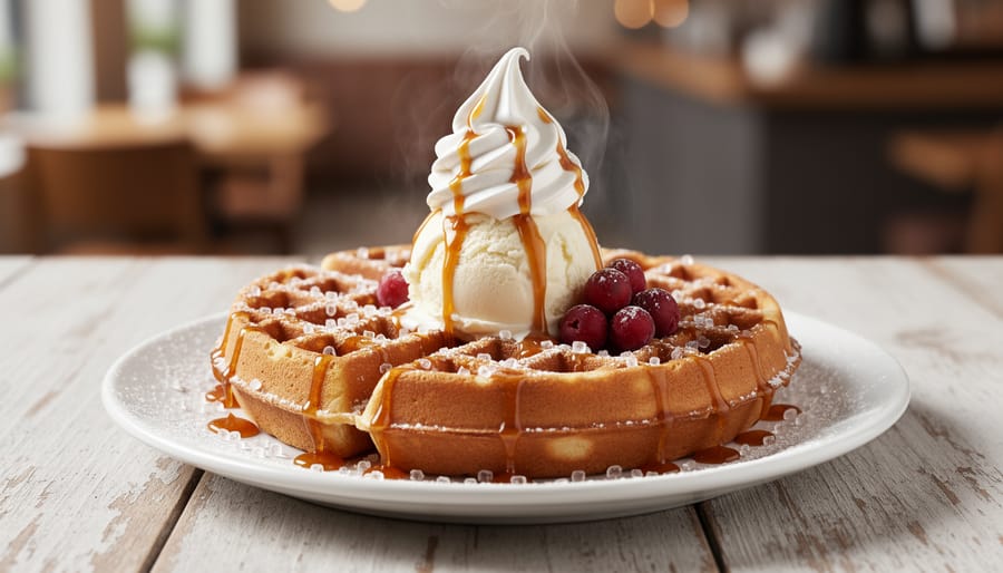Classic German waffle with visible pearl sugar crystals on a wooden plate with whipped cream nearby.