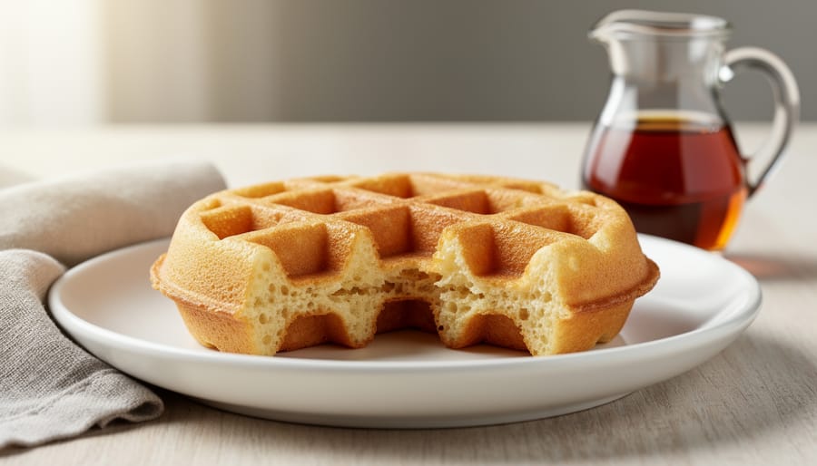 Golden-brown semolina waffle with crisp edges cooling on a waffle iron in soft natural light