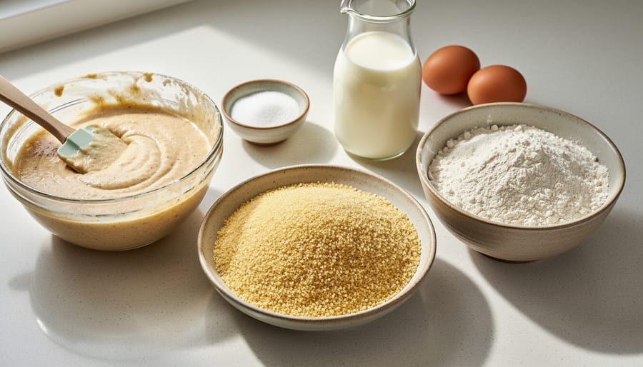 Bowls of semolina and semolina-wheat batter with whisk, eggs, and butter on a kitchen counter