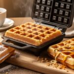 Two freshly cooked semolina waffles—one dusted with powdered sugar and one drizzled with honey—shown with crisp golden texture on a wooden board beside a hot waffle iron.