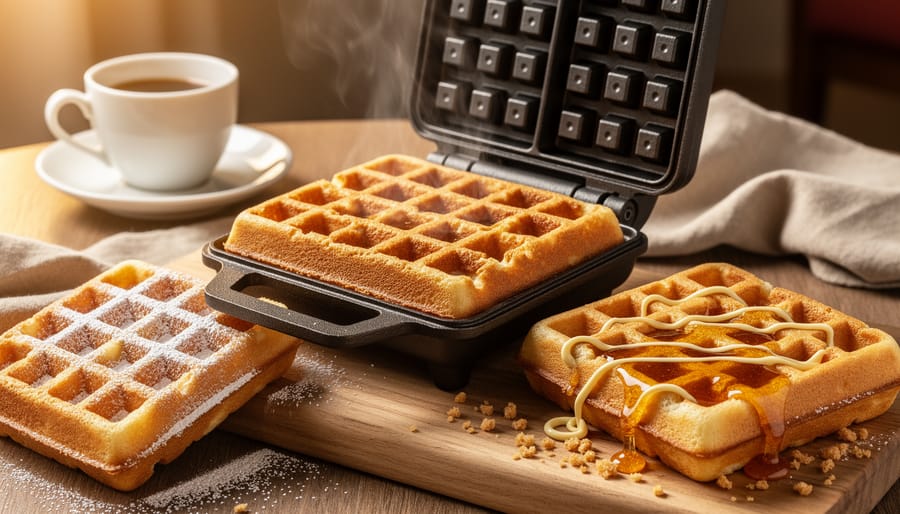 Two freshly cooked semolina waffles—one dusted with powdered sugar and one drizzled with honey—shown with crisp golden texture on a wooden board beside a hot waffle iron.