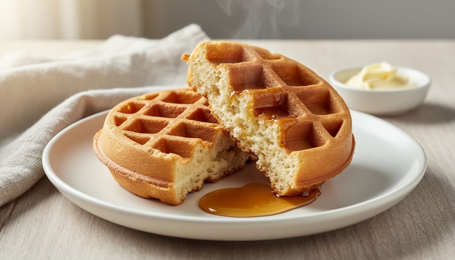 Close-up of semolina waffles on a dark tray with sugar dusting, showing crisp ridges and golden color.