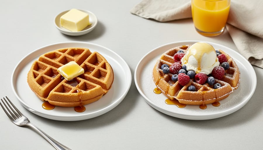 Plated German semolina waffle with fruit compote and a sweet semolina-wheat waffle with maple syrup and berries