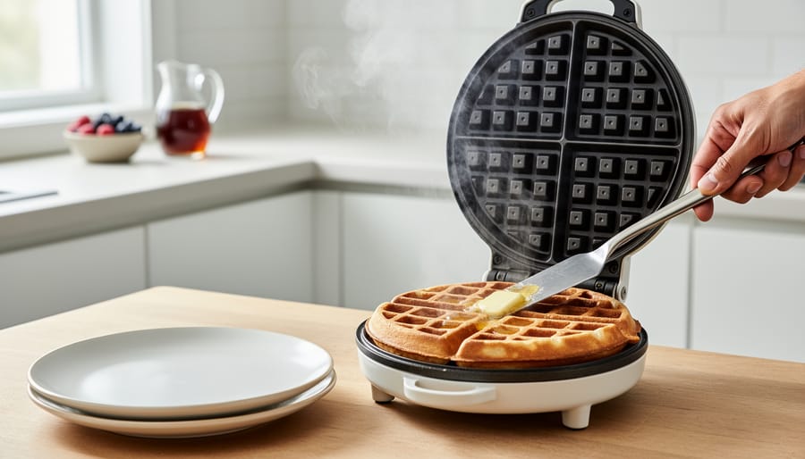 Waffle iron on a countertop with freshly cooked waffles and fading steam, with mixing ingredients in the background.