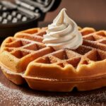 Close-up of a golden semolina Belgian waffle with crisp ridges, topped with whipped cream and pearl sugar on a dark tabletop.