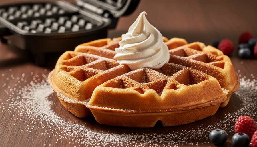 Close-up of a golden semolina Belgian waffle with crisp ridges, topped with whipped cream and pearl sugar on a dark tabletop.