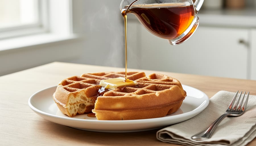 Golden Belgian waffle made with semolina flour topped with whipped cream and pearl sugar.