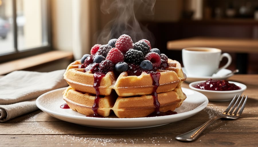 Stack of hot semolina Belgian waffles with berry compote and coffee on a wooden plate.