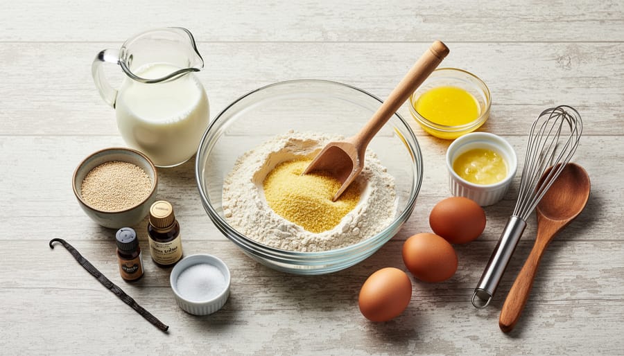Ingredients for semolina Belgian waffles arranged on a countertop, including foamy yeast, flour blend, eggs, and melted butter.