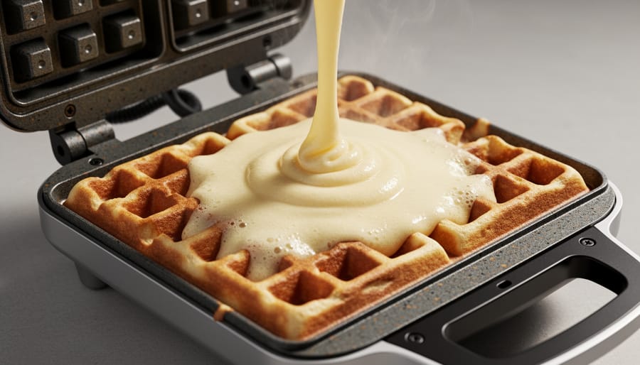 Close view of semolina waffle batter in a Belgian waffle iron as it starts cooking.