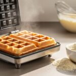 Golden Belgian waffle fresh from an open waffle iron with semolina flour in a small bowl on a kitchen counter.