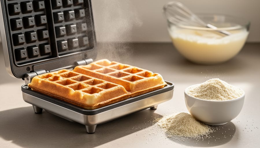 Golden Belgian waffle fresh from an open waffle iron with semolina flour in a small bowl on a kitchen counter.