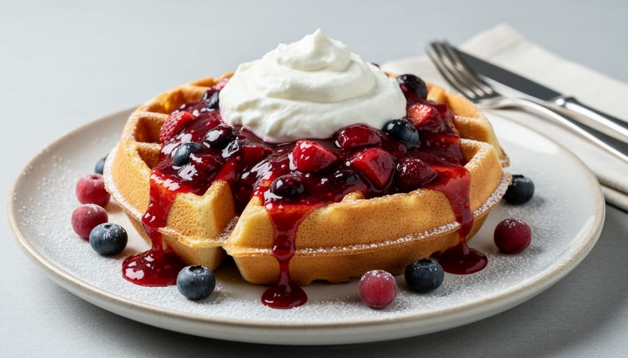 Waffles topped with quark and berry compote with a spoon and small bowls nearby.