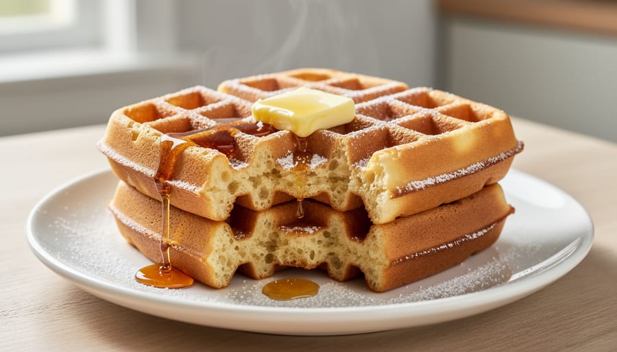Golden-brown Belgian waffles with crisp ridged edges stacked on a dark plate under soft natural light.