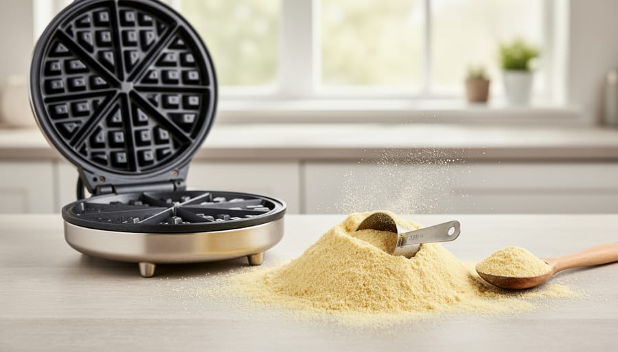 Belgian waffle iron open on a countertop with semolina granules and flour on hand.